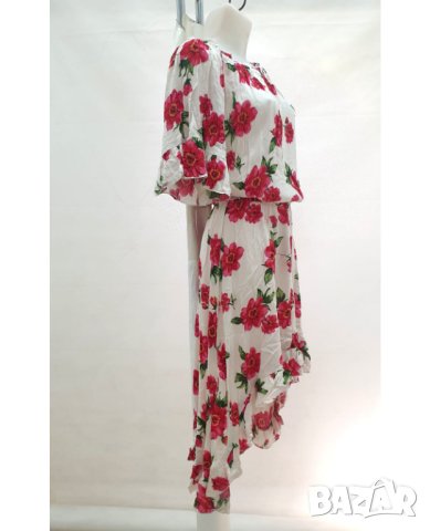 Дълга рокля в цвят екрю с флорален принт в червено Lady Boho/Tantra - L, снимка 3 - Рокли - 42790826