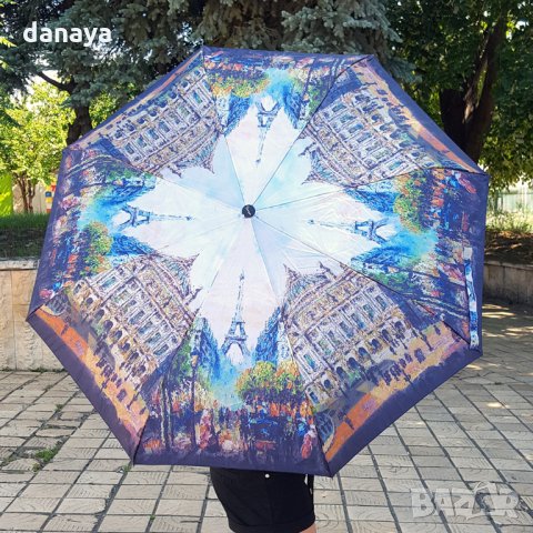 1536 Сгъваем автоматичен чадър за дъжд стил Париж 97см диаметър, снимка 8 - Други - 29240899