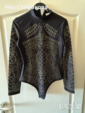 Ново официално черно парти коктейлно боди с декоративни малки капси стил Ким Кардашиян , снимка 3 - Корсети, бюстиета, топове - 46262700