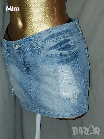 L Светло синя,дънкова, накъсана къса пола с камъчета , снимка 3 - Поли - 51073174