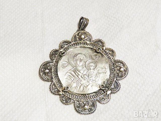 Възрожденска Сребърна икона, амулет, накит, медальон с Богородица, Дева Мария - Панагия 70 мм Сребро, снимка 3 - Антикварни и старинни предмети - 30339453