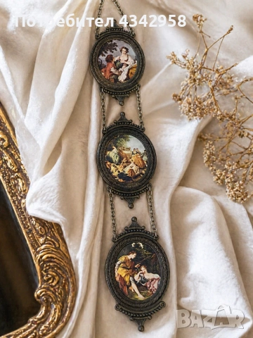   Луксозно винтидж стенено пано с копринени миниатюри – Италия, 1960-те години, месинг.