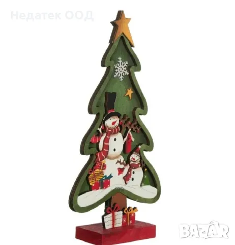  Коледна, Декоративна, Елха и снежен човек, Дърво, Зелен, 28.5см, снимка 2 - Декорация за дома - 48021378