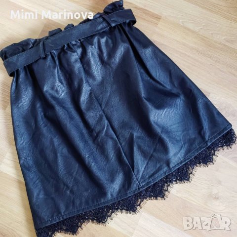 +подарък!!!последна!!Шахматна кожена пола с нежна дантела/жълто и черно/ уникална и забележима🔝🍀😍, снимка 3 - Поли - 29838416