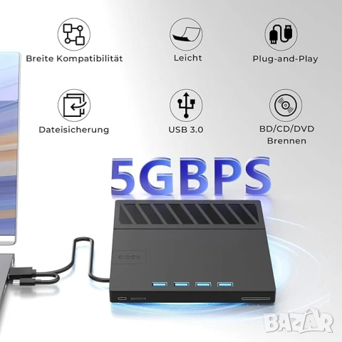 Външно CD/DVD Blu-ray записвачка 4 USB 3.0/Type-C и 2 SD карти за лаптоп Linux Windows Mac OS, снимка 2 - Друга електроника - 51006904