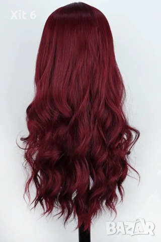 Бургундово червено дълга лейс фронт перука на вълни, снимка 4 - Аксесоари за коса - 54196327