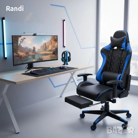 Геймърски стол за релакс с масаж и подложка за крака – син, снимка 12 - Столове - 53237765