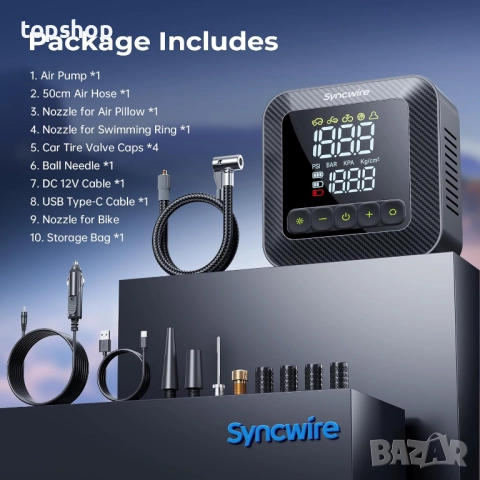 Чисто нов, запечатан Syncwire компресор за гуми 150PSI Въздушна помпа за автомобилни гуми ..., снимка 8 - Аксесоари и консумативи - 51707602