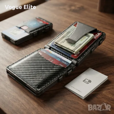 Мъжки портфейл за карти с RFID защита, автоматично изваждане и магнитно затваряне
