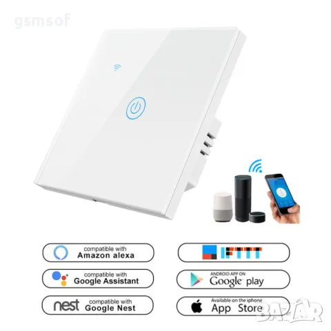 Tuya Smartlife - WiFi сензорен ключ за осветление (единичен), без нужда от 0 проводник бял