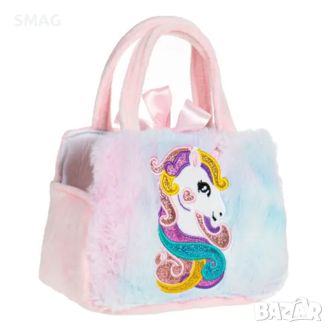 Плюшен бял еднорог в чанта, цветна с блясък 20 см S_1231344, снимка 3 - Плюшени играчки - 48500278