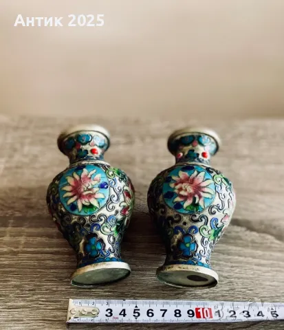 Винтидж посребрени вази с ръчно рисувана флорална декорация, снимка 2 - Антикварни и старинни предмети - 50432927