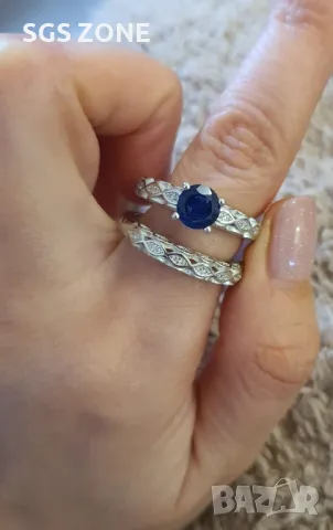 Двоен Пръстен от Сребро с Рубин или Сапфир, снимка 3 - Пръстени - 49917240