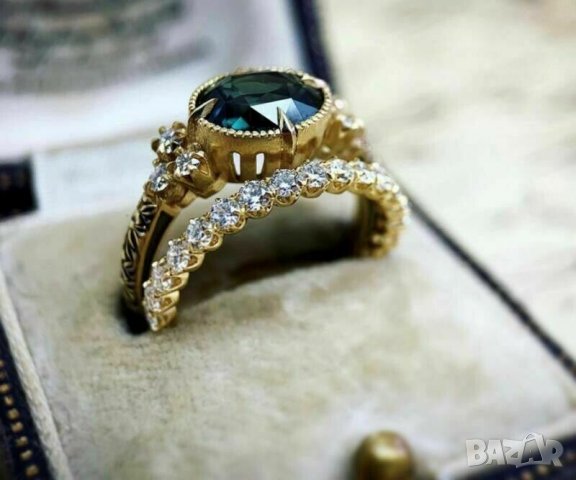 Двойка пръстени със зелен смарагд и топази, позлата, снимка 4 - Пръстени - 36862117