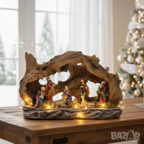 Коледна сцена „Рождество Христово“ – готов комплект с ясли, фигурки и естествен дизайн, снимка 2 - Други стоки за дома - 52069237