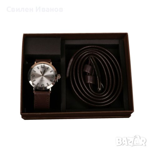 Подаръчен комплект Колан в черен цвят заедно с часовник кафяв/черен, снимка 1 - Други - 44355831