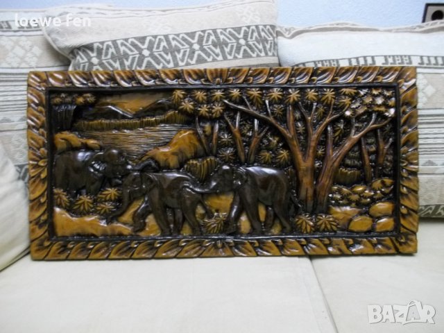 Ръчна Дърворезба Тиково Дърво Слонове Слон  - 61 см на 29,5 см ! Пано За Стена Картина !, снимка 2 - Пана - 39910487