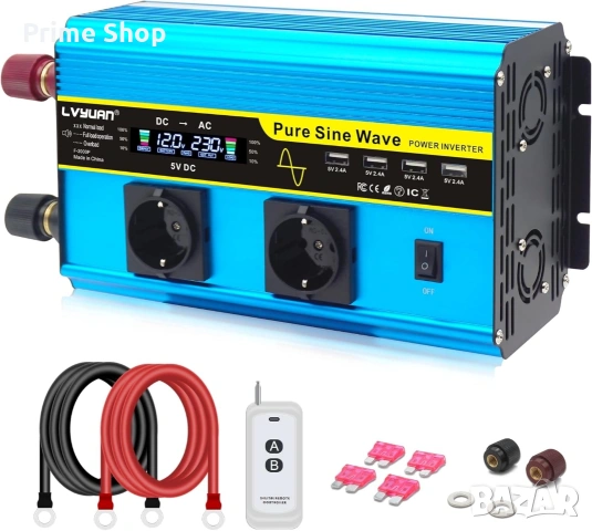 2000W/ 4000W инвертор чиста синусоида, 24V - 230V с дистанционно и кабели