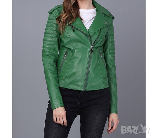 Дамско кожено яке в зелено марка Basics & More - M, снимка 1 - Якета - 38508835