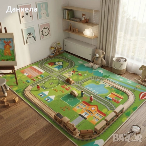 Детски килим за игра 120х160см - Яркозелен килим с влак и релси, противоплъзгащ и миещ се, снимка 2 - Други стоки за дома - 53882036