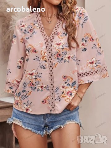 Дамска блуза с разкроени ръкави и щампа с V-образно деколте, 5цвята - 023, снимка 3 - Тениски - 39887714