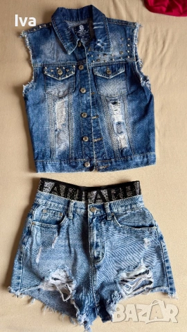 Дамски дънков сет – къси панталонки с висока талия и дънков елек с капси, снимка 2 - Комплекти - 54023381