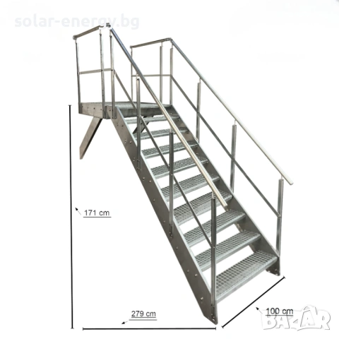 Метално стълбище с площадка 9 стъпала | За монтаж към стена | Поцинковано
