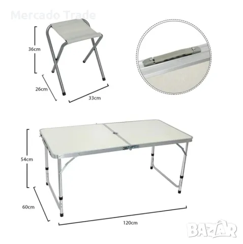 Маса за Къмпинг + 4 броя Столове, Сив-Бял, снимка 5 - Маси - 49660759