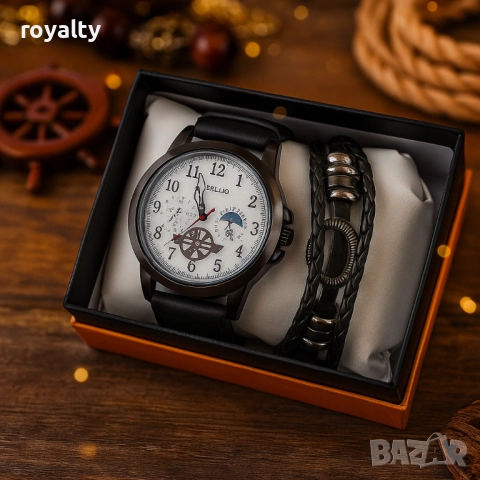 Мъжки часовник с големи цифри и подаръчна гривна – стил и практичност в готов комплект, снимка 2 - Бижутерийни комплекти - 52122294