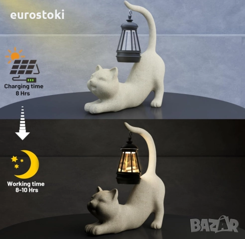 Декоративна статуя Котка със соларно фенерче, градинска фигурка от смола, декорация за дом/градина, снимка 7 - Градински мебели, декорация  - 52484888