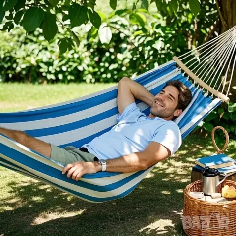 🌴 Голям Дворен Хамак с Дървени Пръчки(250 см х 150 см), снимка 1
