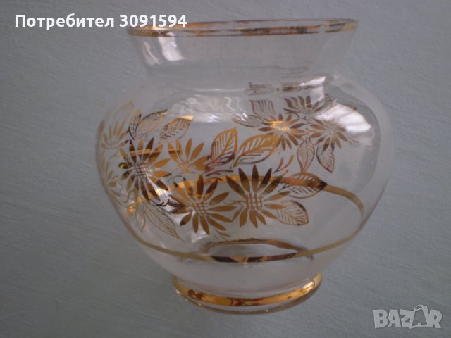 Винтидж стара ръчно изработена стъклена ваза златни цветя прозрачна, снимка 8 - Други ценни предмети - 40040323