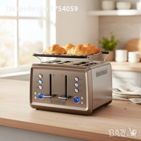 Мощен тостер Black+decker BXTO1960E - Неръждаема стомана с 4 слота, LCD дисплей и стойка за кифли, снимка 2 - Тостери - 53175608