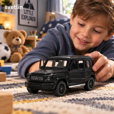 Метална количка Mercedes-Benz AMG G63 1:32 – Pull-Back, светлини и звуци, отварящи врати, черна, снимка 2 - Коли, камиони, мотори, писти - 56181568
