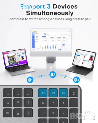 OMOTON Безжична Bluetooth зареждаща се USB клавиатура и мишка за Mac OS, с 3 Bluetooth канала, снимка 2 - Клавиатури и мишки - 49747820