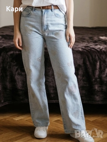 Дамски дънки с широк крачол и камъчета сърца, снимка 2 - Панталони - 54117119