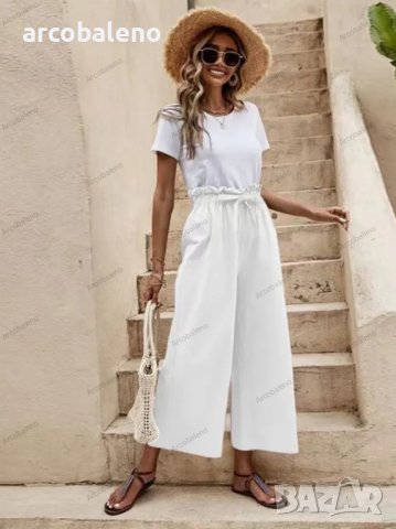 Едноцветни дамски широки панталони с колан на талията, 6цвята , снимка 8 - Панталони - 40028452