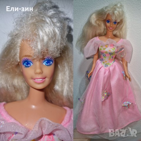разкошна ретро кукла Барби със розова рокля с пеперуди и жезъл роза