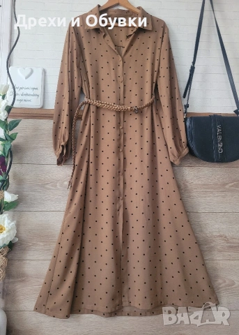 Дълга рокля тип риза на точки 