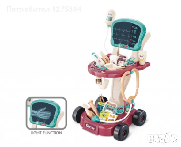 Комплект за игра на доктор, с количка, 29 аксесоара, със светлина, ЕКГ монитор, бял, снимка 1