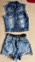 Дамски дънков сет – къси панталонки с висока талия и дънков елек с капси, снимка 2