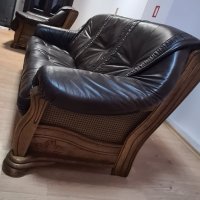 Коплект диван с два фотьойла, дърво, ратан и естествена кожа, снимка 3 - Дивани и мека мебел - 39791137