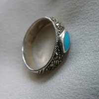 Сребърен пръстен с тюркоаз и марказити, снимка 3 - Пръстени - 40097462