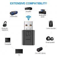USB Bluetooth 5.0 адаптер, блутут безжичен аудио предавател, приемник, стерео 3,5 мм жак AUX, снимка 2 - Други - 39128142
