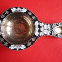 Уникална руска сребърна цедка за чай емайл позлата 916, снимка 5 - Колекции - 38740723