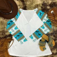 Дамска ежедневна етническа ацтекска блуза с V-образно деколте и дълъг ръкав - 023, снимка 2 - Блузи с дълъг ръкав и пуловери - 39317908