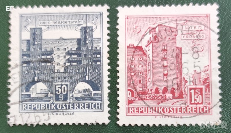 Австрия, 1958 г. - две марки от серия, с печат, архитектура, 1*38, снимка 1