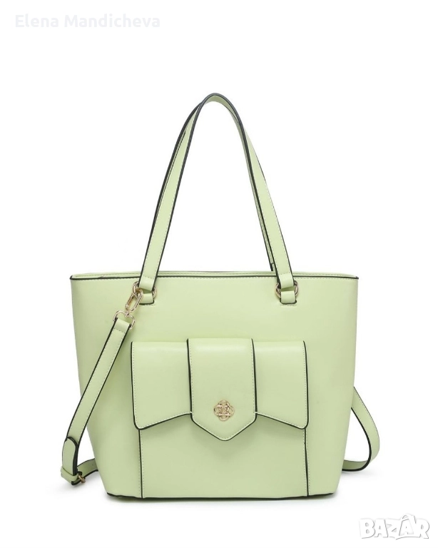 Кожена чанта за рамо с две дръжки външен джоб с капак регулируема презрамка и вътрешни отделения, снимка 1