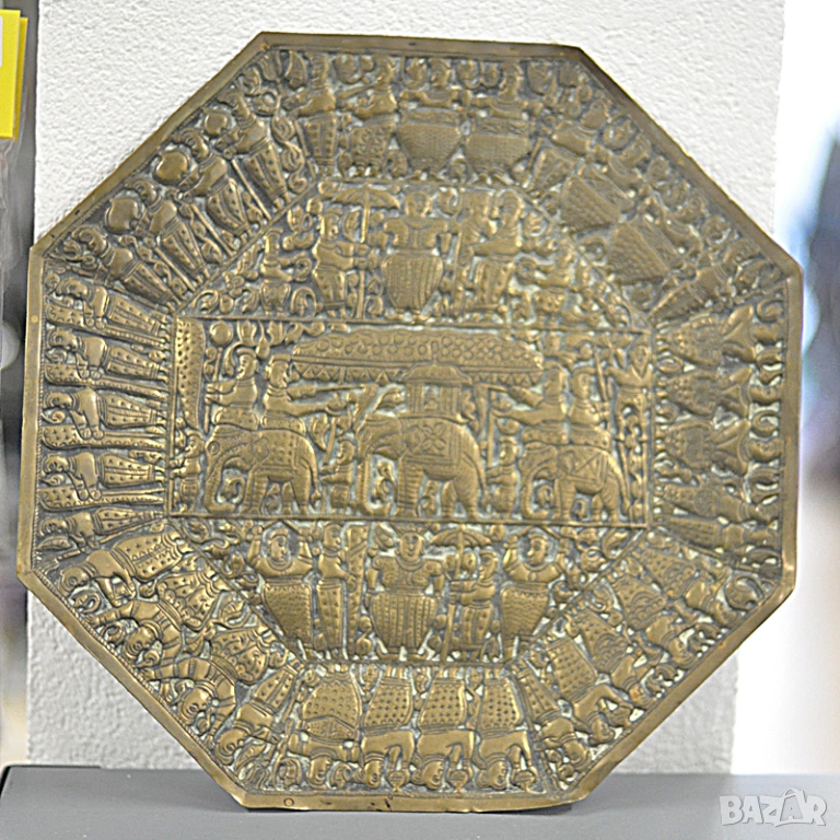 Стар месингов поднос с индийски мотиви, снимка 1