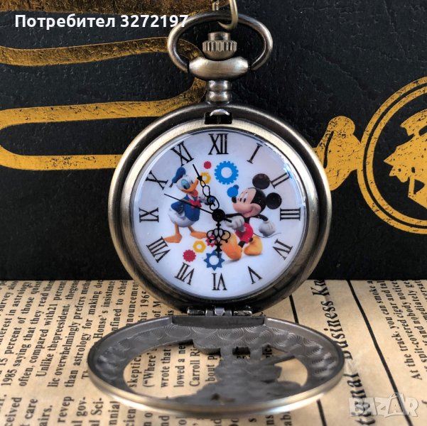 Мики Маус Класически джобен кварцов часовник с римски цифри+ верижка, снимка 1